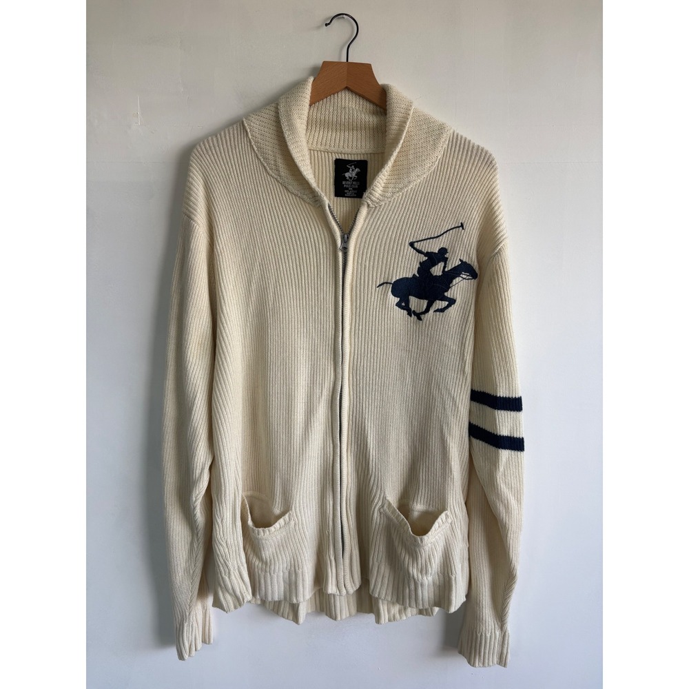 Beverly Hills Polo Club Mens XXL Cream Zip Cardigan Shawl Collar Sweater Logo